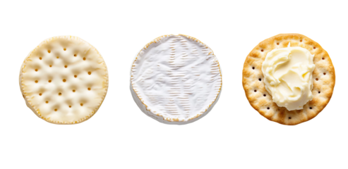 Set of Brie cheese rounds - whole wheel, wedge cut, and creamy spread on cracker.