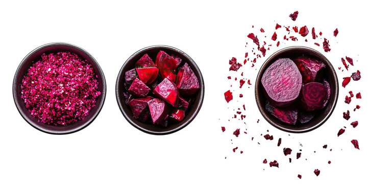Set of beetroot presentations - halved and grated. Each element separately on a white background