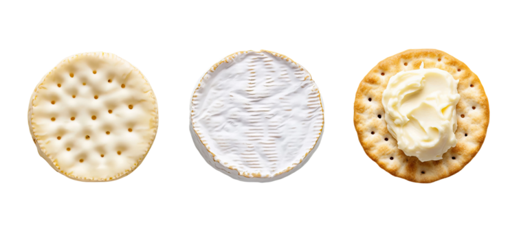 Set of Brie cheese rounds - whole wheel, wedge cut, and creamy spread on cracker.
