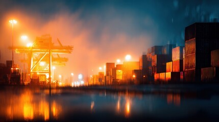 Obraz premium Industrial shipping yard (close up, focus on, copy space) ambient glow highlights container stacks Double exposure silhouette with global trade routes.