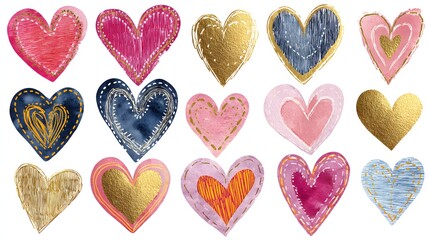 Set of unique hearts clipart in hand-drawn, watercolor, and foil styles, isolated on transparent background for romantic and decorative designs.