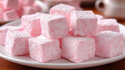 Pink Marshmallow Delight: A delightful stack of soft, fluffy pink marshmallows, dusted with powdered sugar, inviting a sweet treat, perfect for dessert or a light snack.
