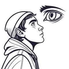 Young man looking up with stylized eye youth