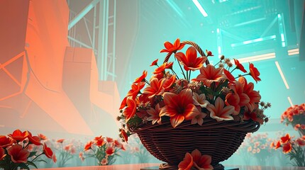 Warm terracotta and cool teal tones highlight a grand, epic scene of a basket of flowers.