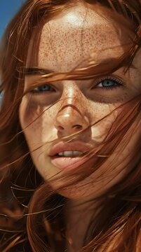 a young woman with freckles and hyperpigmentation on her face, under bright sunlight, auburn hair blowing in the wind, vivid blue sky background, natural skin texture
