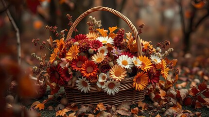 A basket brimming with autumnal flowers nestled in a mystic, enchanting environment bathed in warm, earthy colors