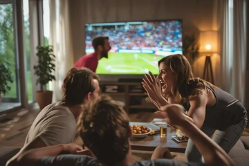 a group of friends watching a football match on the TV in a living room