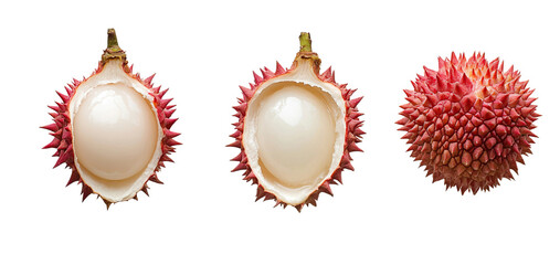 Set of lychees - spiky whole fruit, peeled half showing pearl flesh on a white background