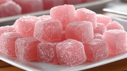 Pink Gelatin Cubes: A delightful pile of glistening pink gelatin cubes, delicately dusted with sugar, rests on a pristine white plate.