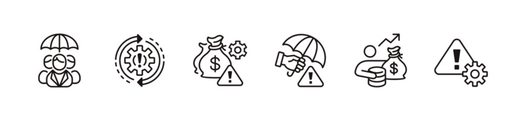 business risk management icon line set financial risk control gear warning alert signs vector assessment strategy safety planning symbol illustration