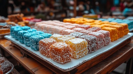 Vibrant Candy Display: A colorful array of sweet treats, meticulously arranged on a platter, beckons with their tempting textures and hues, a feast for the eyes and a promise of delight.