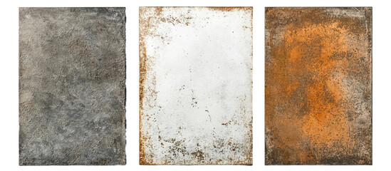 Set of metal textures - scratched, rusted, and brushed steel sheets on a white background