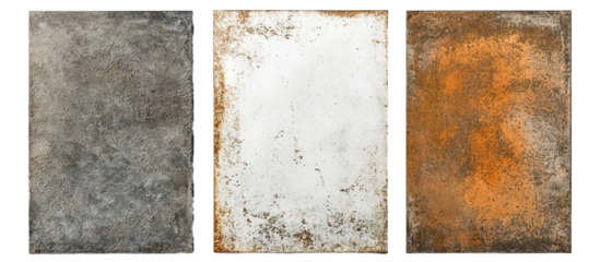 Set of metal textures - scratched, rusted, and brushed steel sheets on a white background