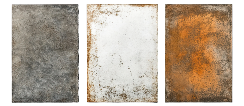 Set of metal textures - scratched, rusted, and brushed steel sheets on a white background