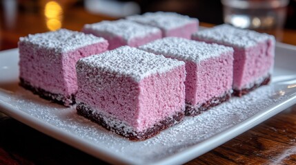 Berry delight: A close-up shot showcasing six delightful pink square desserts, dusted with a generous layer of powdered sugar, offering a delectable treat for the senses.