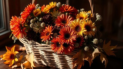 A basket of flowers is presented in warm autumn colors, high contrast and low key lighting highlighting deep shadows and a dramatic effect, resulting in an earthy and cozy atmosphere
