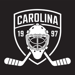 Carolina hockey badge with goalie mask and crossed sticks in bold black-and-white layout vector illustration.