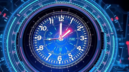 Futuristic Clock Timelapse with Digital Elements and Glowing Blue Accents Creates Time Concept - Powered by Adobe