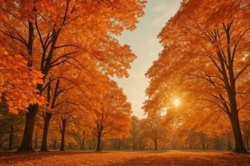 Fototapeta premium Vivid autumn foliage against a sky backdrop in a park setting