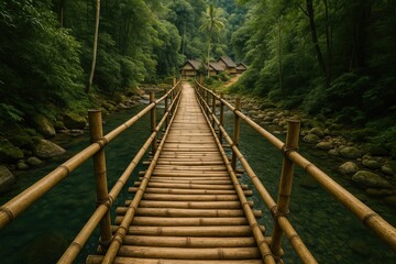 In the remote village, the final bamboo walkway crosses a pristine river, linking tradition with the natural world.