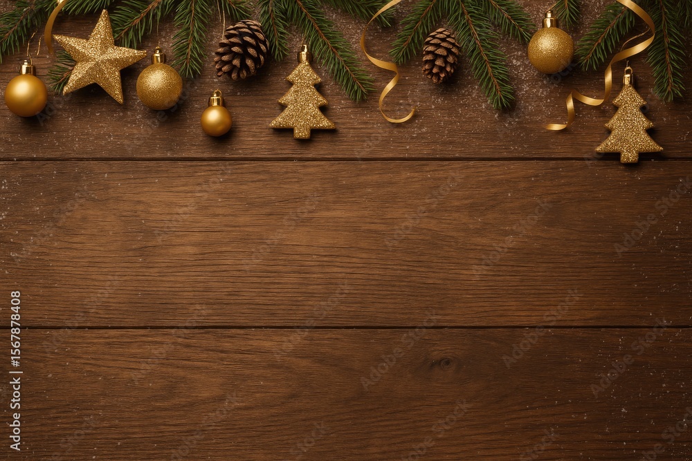 Poster festive holiday ornaments displayed on rustic wood surface with ample space for branding or message