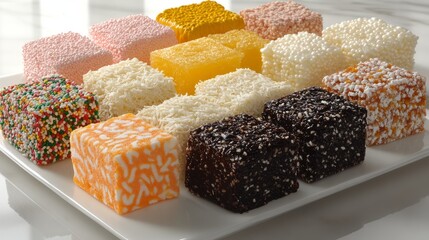 Delightful Petit Fours: An exquisite display of vibrant petit fours, each square pastry coated in a unique array of colorful toppings, arranged artfully on a pristine serving plate.