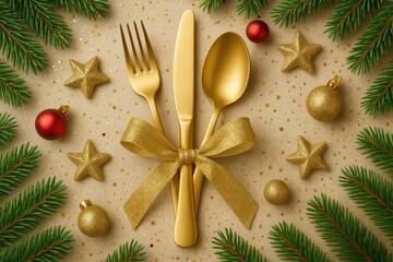 Festive holiday tableware with shimmering gold utensils on a celebratory backdrop
