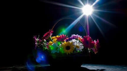 A basket of flowers presented with bright lens flares and light streaks against a dark backdrop, creating an eerie atmosphere enhanced by vibrant and unsettling details