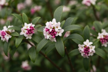 Fototapeta premium Blooming Daphne Bholua in Full Blossom