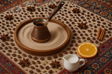 Oriental-inspired coffee table scene featuring a jezva on sandy surface with a decorative tablecloth, accompanied by scattered coffee beans and spices.