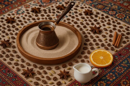 Oriental-inspired coffee table scene featuring a jezva on sandy surface with a decorative tablecloth, accompanied by scattered coffee beans and spices.