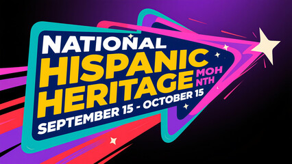 Purple black background with colorful geometric shapes, interpreting the vitality, innovation, and cultural expression of the Hispanic traditional month, used for trendy events and online promotional 