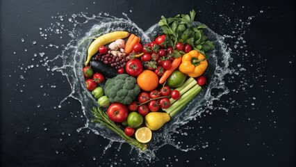 A vibrant heart shaped arrangement of fresh fruits and vegetables with water splashes on a dark background