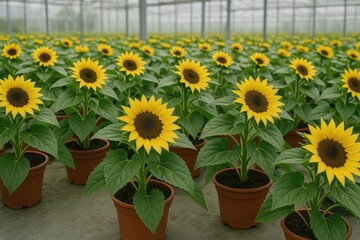 Obraz premium Delicately cultivated sunflower blooms in glasshouse planters