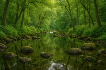 A picturesque scene of a tranquil creek flowing through nature