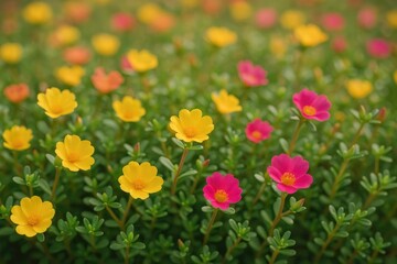 Fototapeta premium Bright-colored Common Purslane and Similar Weeds in a Garden Setting