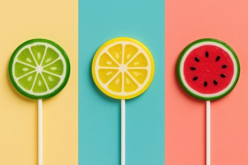 Colorful fruit-shaped candies resembling lime, lemon, and watermelon on vibrant backdrop
