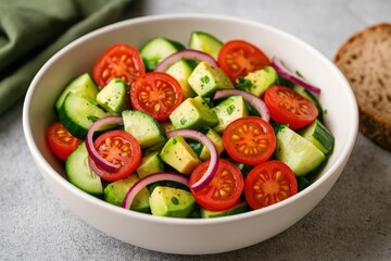 Fresh vegetable medley featuring cucumber, tomato, avocado, and red onion with a soft focus effect