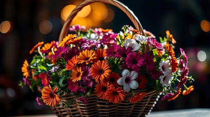 A basket filled with bright flowers, bathed in chiaroscuro light, features a blurred bokeh background, which emphasizes the sharp floral details and dark shadows.