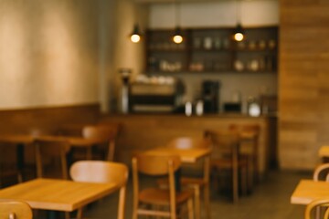 Obraz premium Soft Focus of a Warm CafâˆšÂ© Interior Featuring Seating Areas and Beverage Station in a Calm Setting