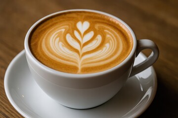 A warm mug of creamy coffee beverage