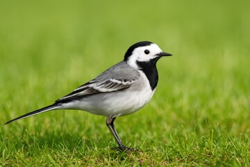 Fototapeta premium Close-up of a slender white and black songbird perched on lush grass, searching for insects in its natural habitat