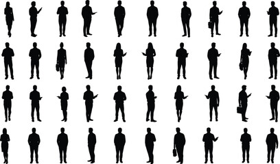 Silhouette business people set, standing and walking pose collection, male and female professionals, corporate team vector, isolated office figures