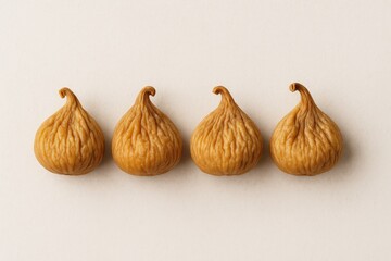 Obraz premium Detailed View of Dried Figs Arranged in a Line on a Light Surface, Minimalist Style with Empty Space