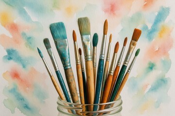 Fototapeta premium Detailed view of a container filled with paintbrushes