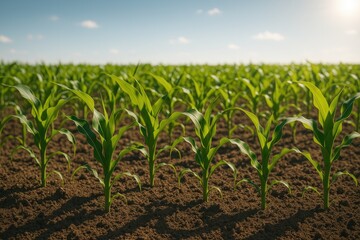 Obraz premium Fresh green shoots in a sunny agricultural landscape