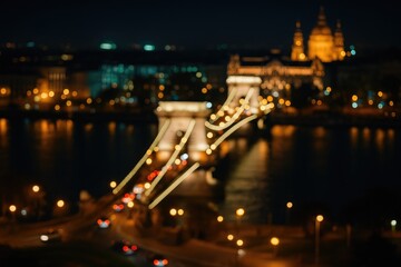 Vibrant bokeh backdrop featuring a nighttime city skyline with a renowned suspension bridge