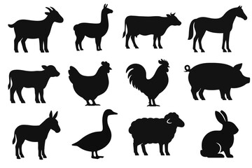 Farm Animal Silhouettes Vector Set of Livestock Icons for Agriculture Design