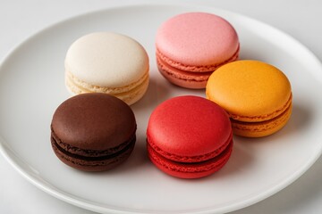 Obraz premium Vibrant assorted macarons arranged on a pristine white dish