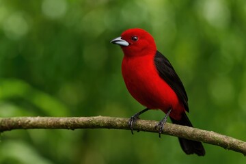 Bird perched on branch in lush forest scene